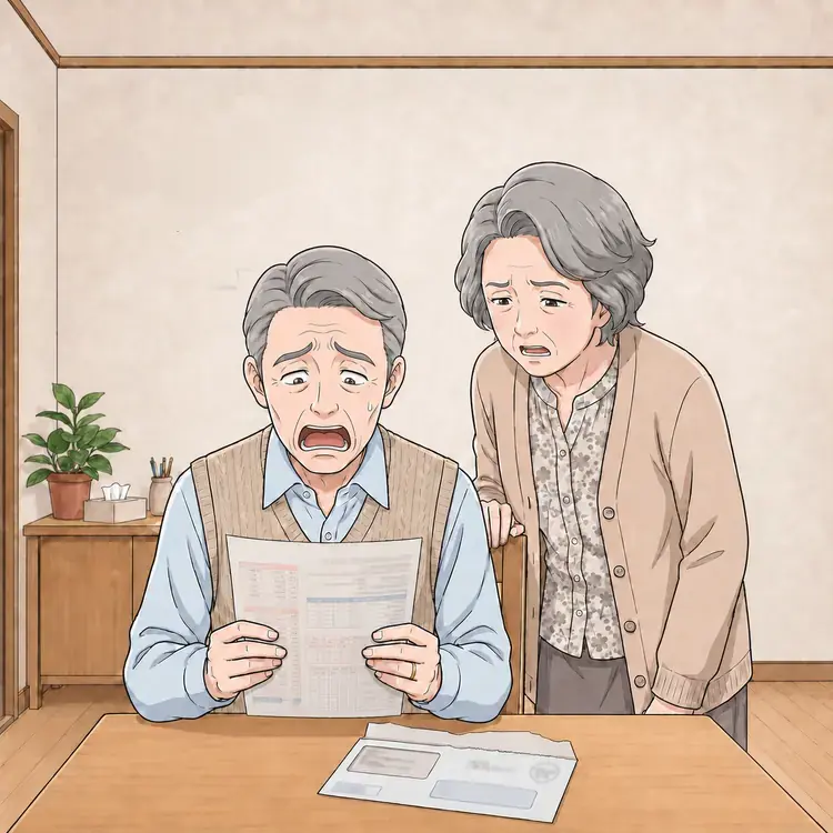 自宅の食卓。夫が固定資産税の納付書を手にして肩を落とし、妻が横から覗き込む
