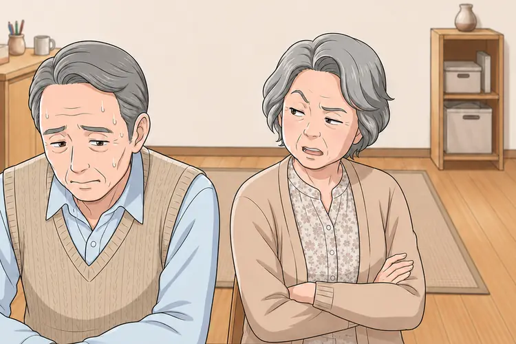 妻が呆れた顔で夫を見る。夫は目を伏せている
