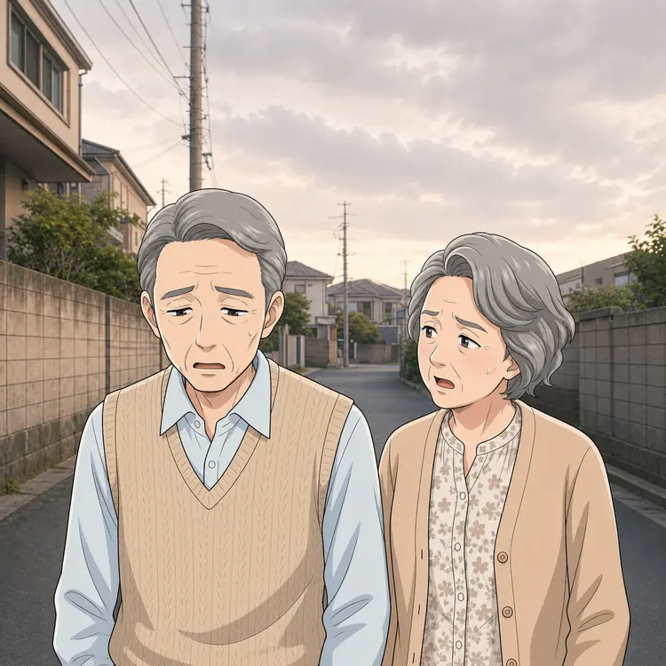 帰り道。夫婦がうつむいて並んで歩いている