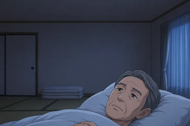 夜の自宅。布団の中で夫が天井を見上げている