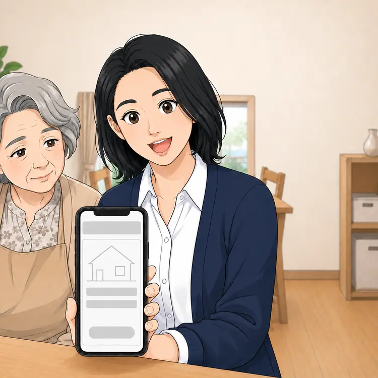 食卓。娘が笑顔で両親にスマートフォンの画面を見せている。画面には空き家の相談窓口のページが表示されている