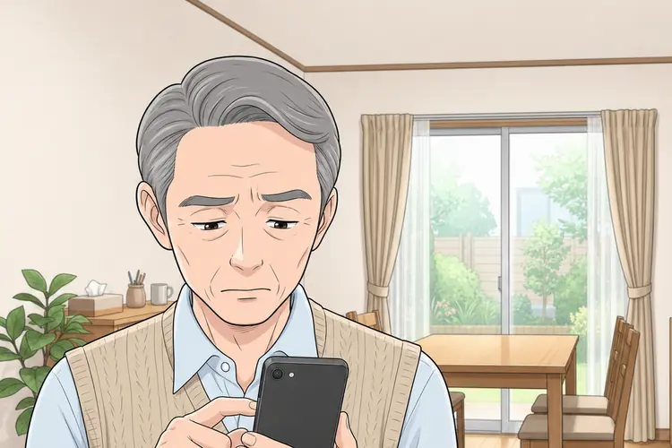自宅。夫がスマートフォンを両手で持ち、トーク画面からメッセージを送っている