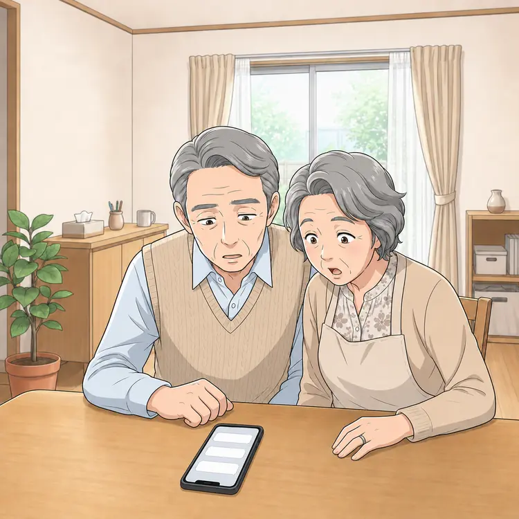 自宅。スマートフォンに返信が届き、夫婦が顔を寄せて画面を見ている