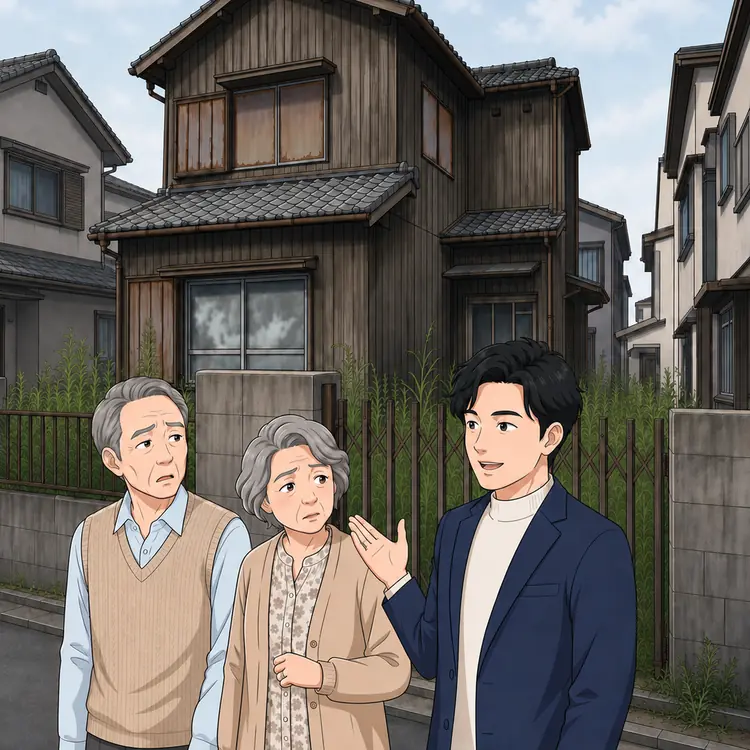 空き家の門前。アイバが右に立ち、夫婦と並んで建物を見上げている