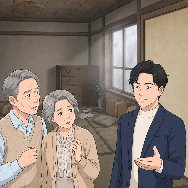 室内。残置物が残ったままの和室で、アイバが穏やかに話している
