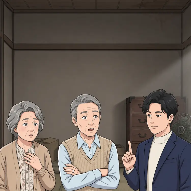 アイバが指を1本立てて、落ち着いた表情で夫婦に説明している