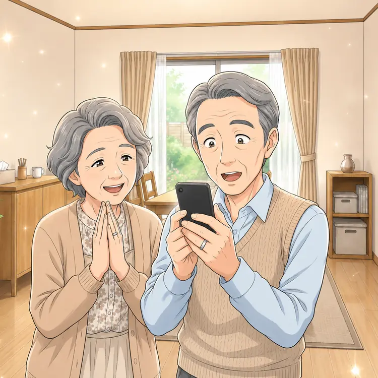 自宅。夫が右、妻が左。夫がスマートフォンを見て驚きと安堵の混じった顔。妻が両手を合わせている。背景に明るい集中線