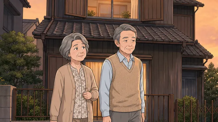 夕方。草が刈られ、窓に灯りがついた元・空き家の前を、夫婦が通りかかる